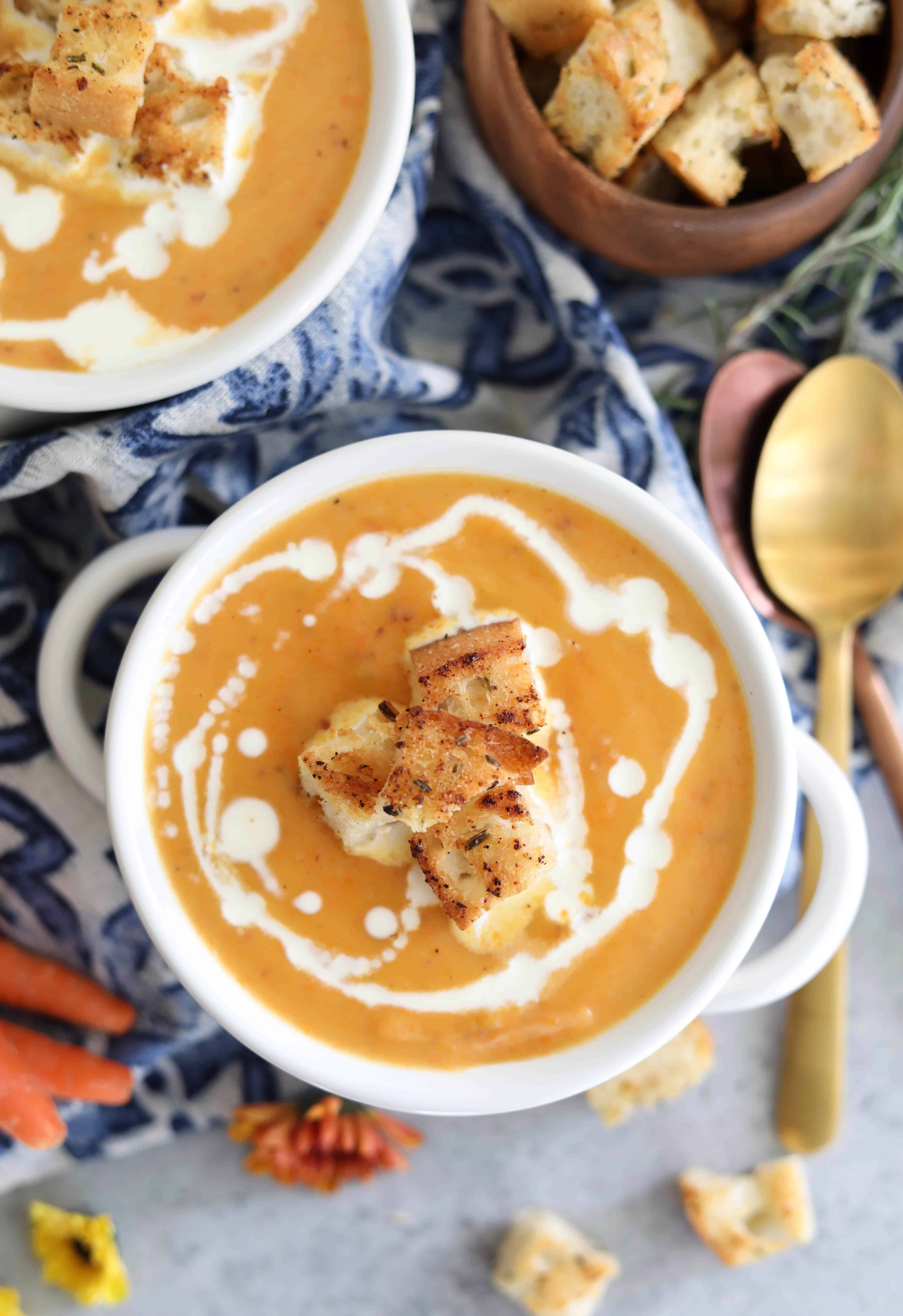 Carrot and Potato Soup with Rosemary Garlic Croutons